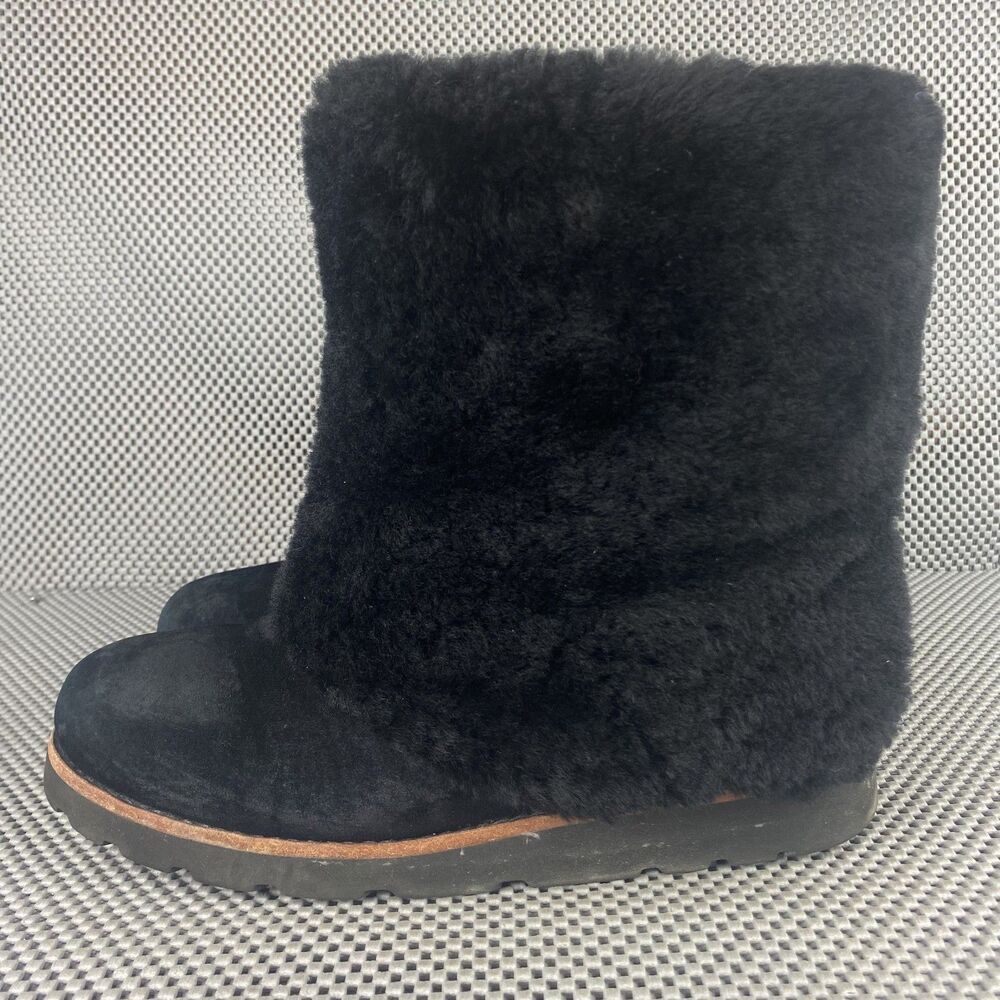 Ugg Australia Maylin Boots Womens Size 9 Black Leather Sheepskin Winter Boots - Picture 2 of 9